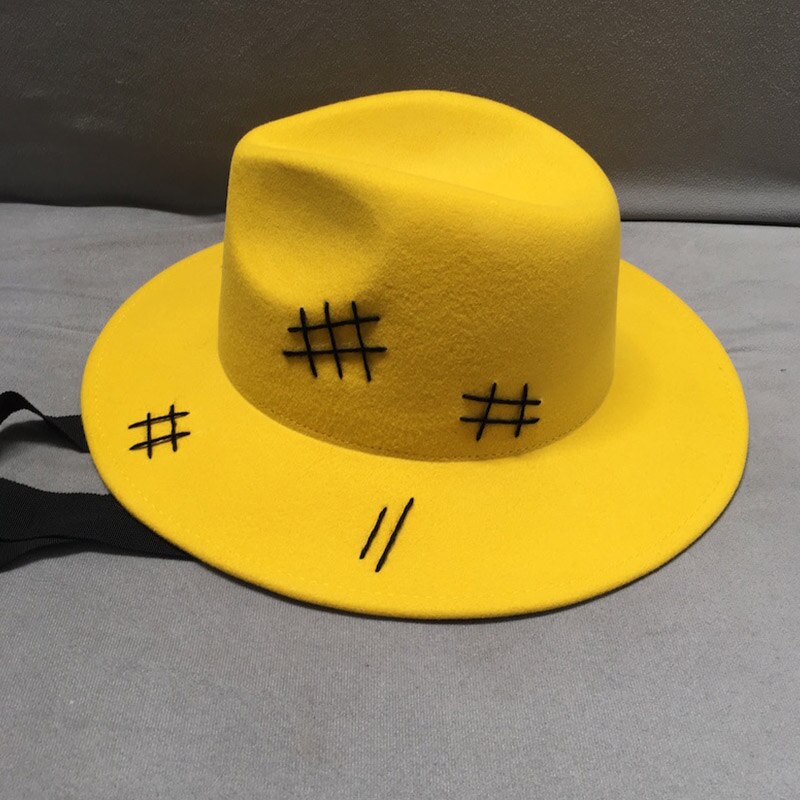 Mode Gele Wol Vilten Hoed Brede Rand Casual Black Lace Up Herfst Winter Zonnehoed Mannen Vrouwen Vilt Porkpie jazz Fedora Hoed