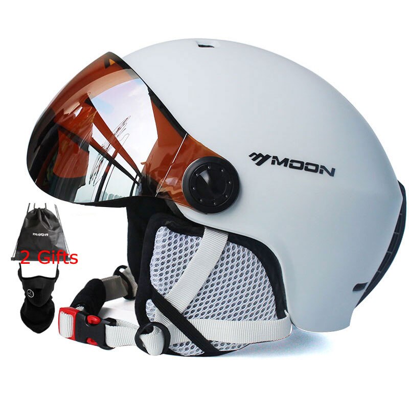 MOON casque de Ski entièrement moulé PC + EPS avec lunettes casque de Ski de sport Skateboard Ski Snowboard casques hommes: WHITE / L(58-61cm)