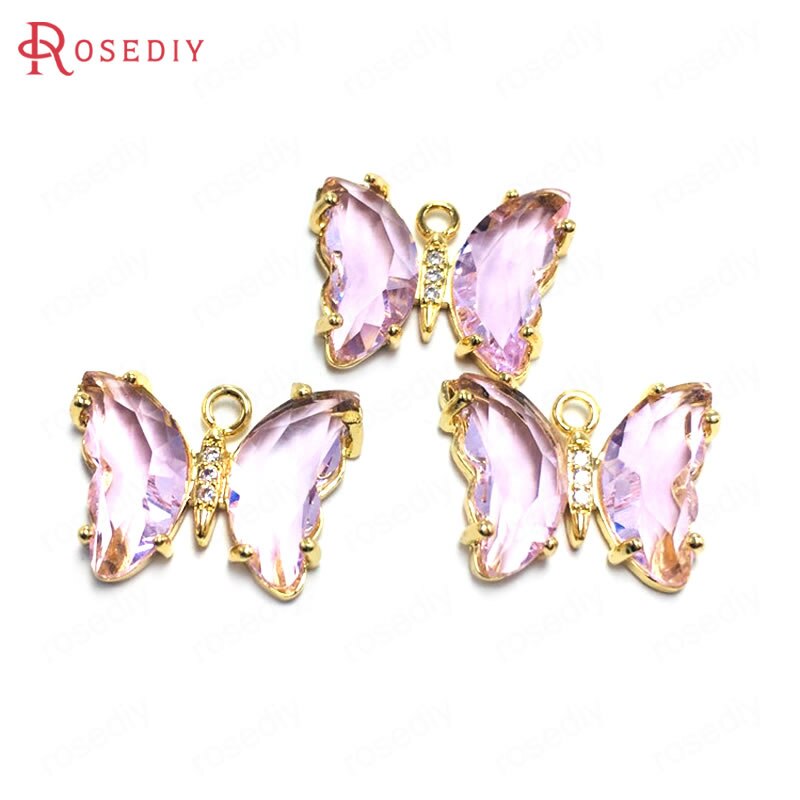Breloques papillon en laiton, Zircon et verre, 15x20MM 24K, couleur Champagne or, pendentifs, fournitures pour la fabrication de bijoux, résultats de bricolage, 10 pièces: Pink