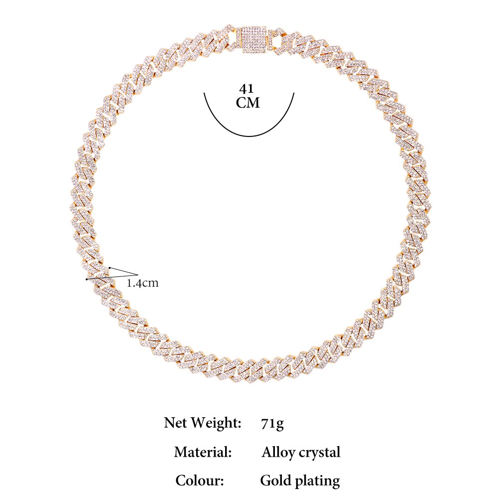 14MM Miami Prong Cuban Link Chain Necklace for Women Gold Silver Color Luxury 2 Row Rhinestones Cuban Choker Iced Out Jewelry