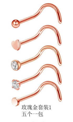 5 Pcs Chirurgisch Staal Hart Ster Zirkoon Neus Schroef Ring L Rose Gold Nose Stud Retainer Houder Piercing Body Sieraden 20G: D