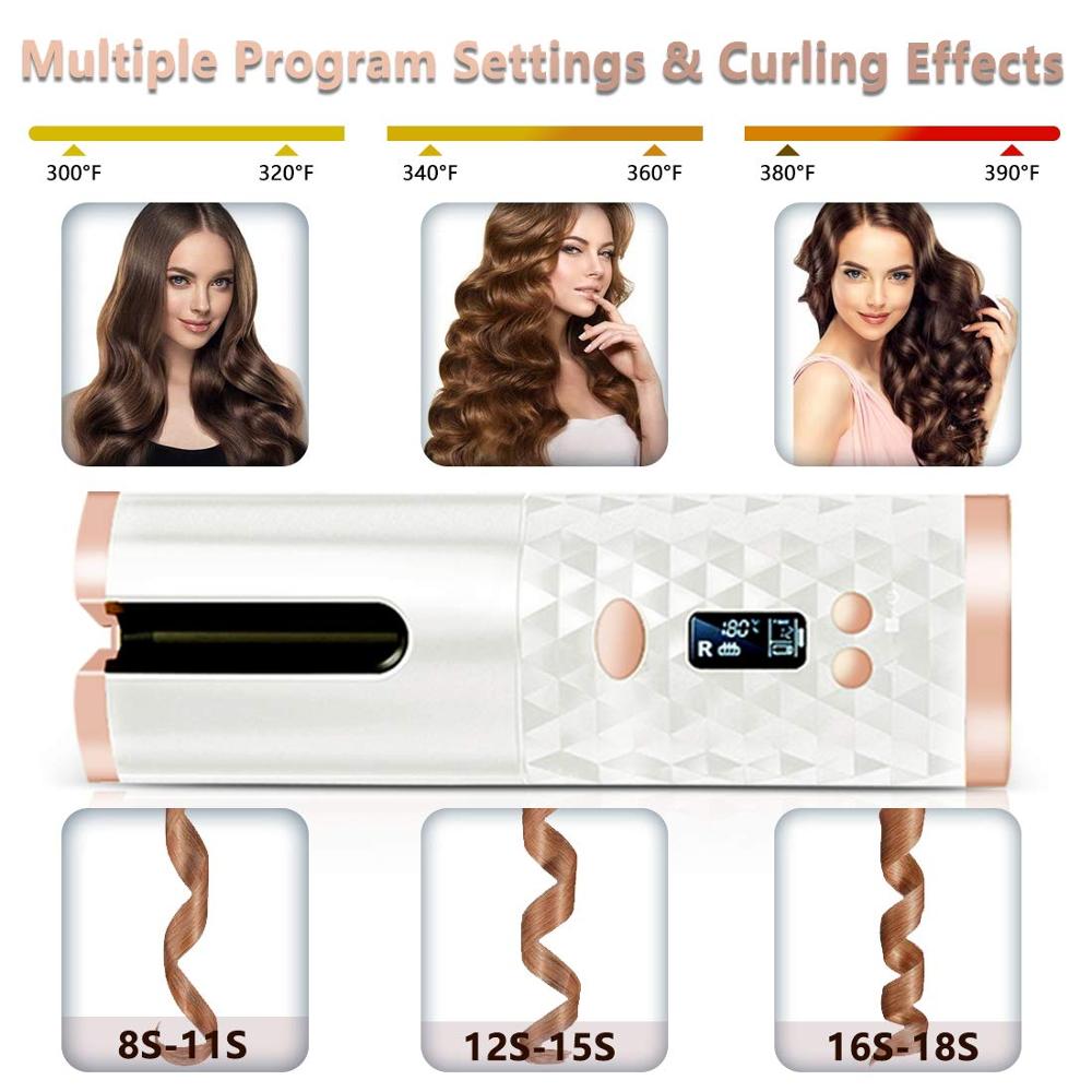 Rizador de pelo automático inalámbrico portátil máquina de pelo rizado LCD recargable por USB con función de fuente de alimentación móvil