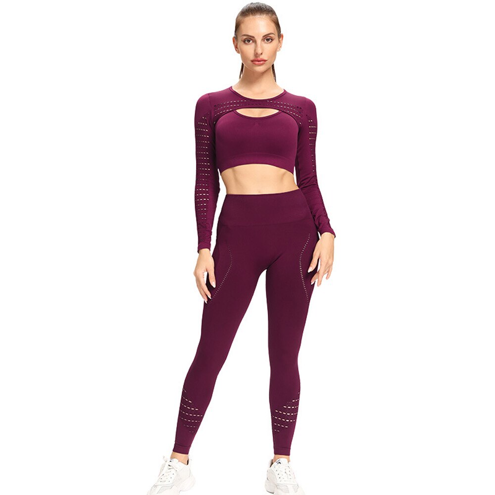 Vrouwen 2Pcs Naadloze Yoga Set Sport Pak Turnkleding Workout Kleding Met Lange Mouwen Gym Crop Top Hoge Taille Leggings Fitness sportkleding: Wine Red / Xl