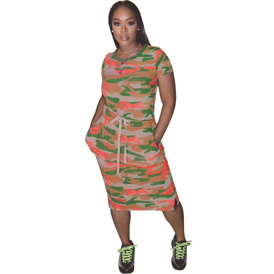 Vrouwen Zomer Elegante Camouflage Print Korte Mouw Tee Slim Side Split O-hals Jurk Casual T-shirt Jurken Vestido: Oranje / XXL