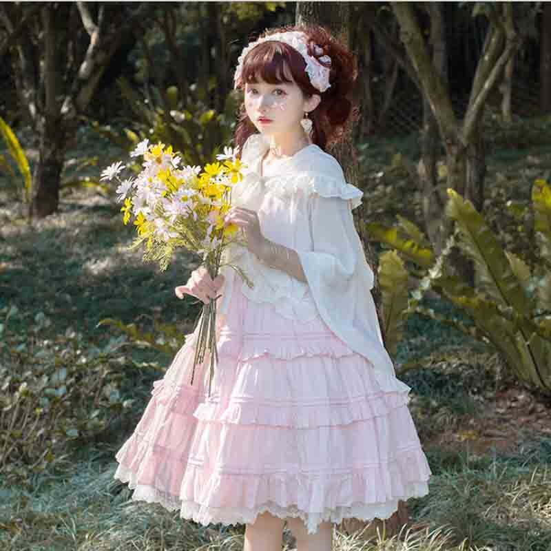 Japanse Jk Lolita Jurk Zomer Mouwloze Lolita Wit Roze Jurk Met Mantel Zoete Lolita Bodems Voor Meisjes Plus Size S-XL