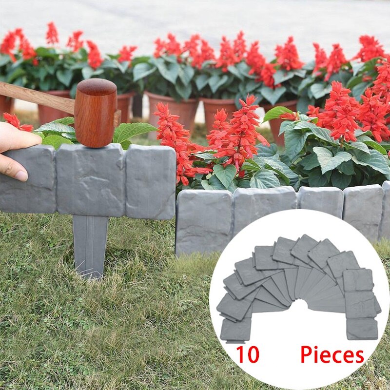 10Pcs Grey Garden Fence Edging Cobbled Stone Effect Plastic Lawn Edging Plant Border Decorations Flower Bed Border Garden Edging