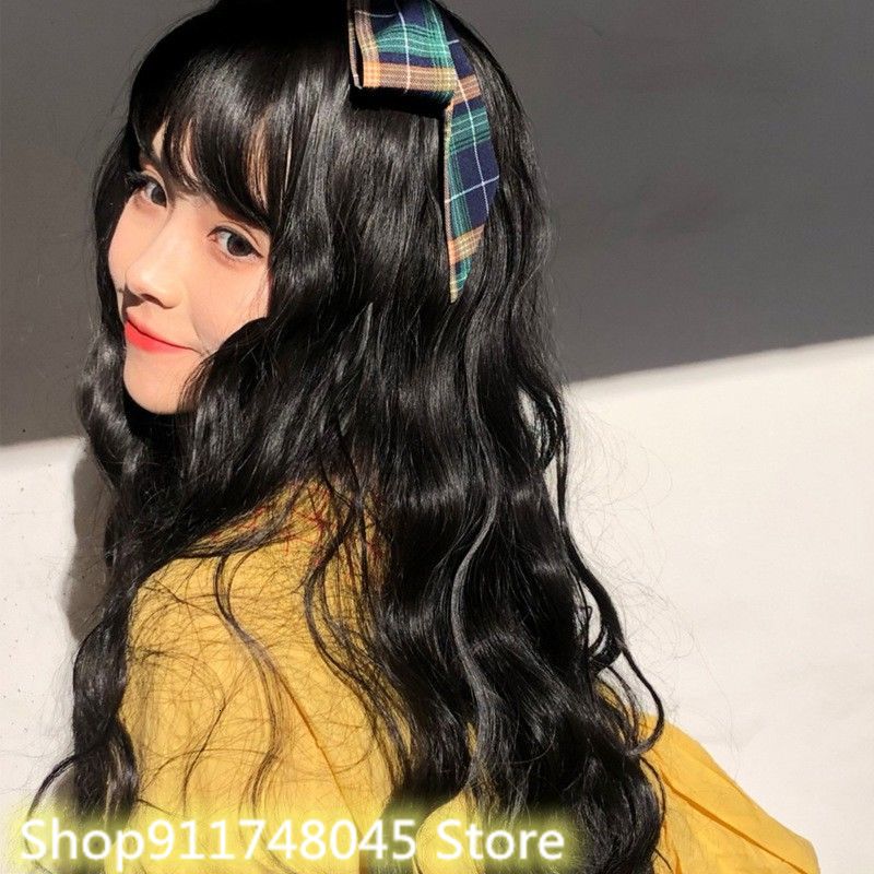 Peluca de cabello largo rizado largo para mujer, pelo negro con ondas de agua, flequillo de aire, lana rizada
