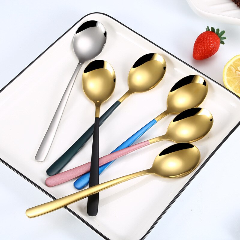 304 Stainless Steel Korean Spoon Long Handle Spoon Dessert Spoon Stirring Spoon Household Eating Soup Spoon Tableware