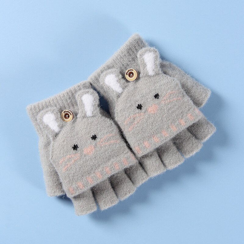 Gants doux tricotés avec des animaux de dessin animé pour bébés, pour filles et garçons, à rabat, mitaines chaudes sans doigts pour enfants, automne et hiver: Gray