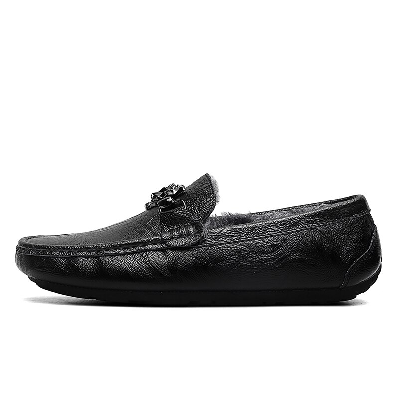 Fixsys læder mand loafers vinter varme sko håndlavet slip på flade mokkasiner pels afslappet køresko plys sorte mænd båd sko