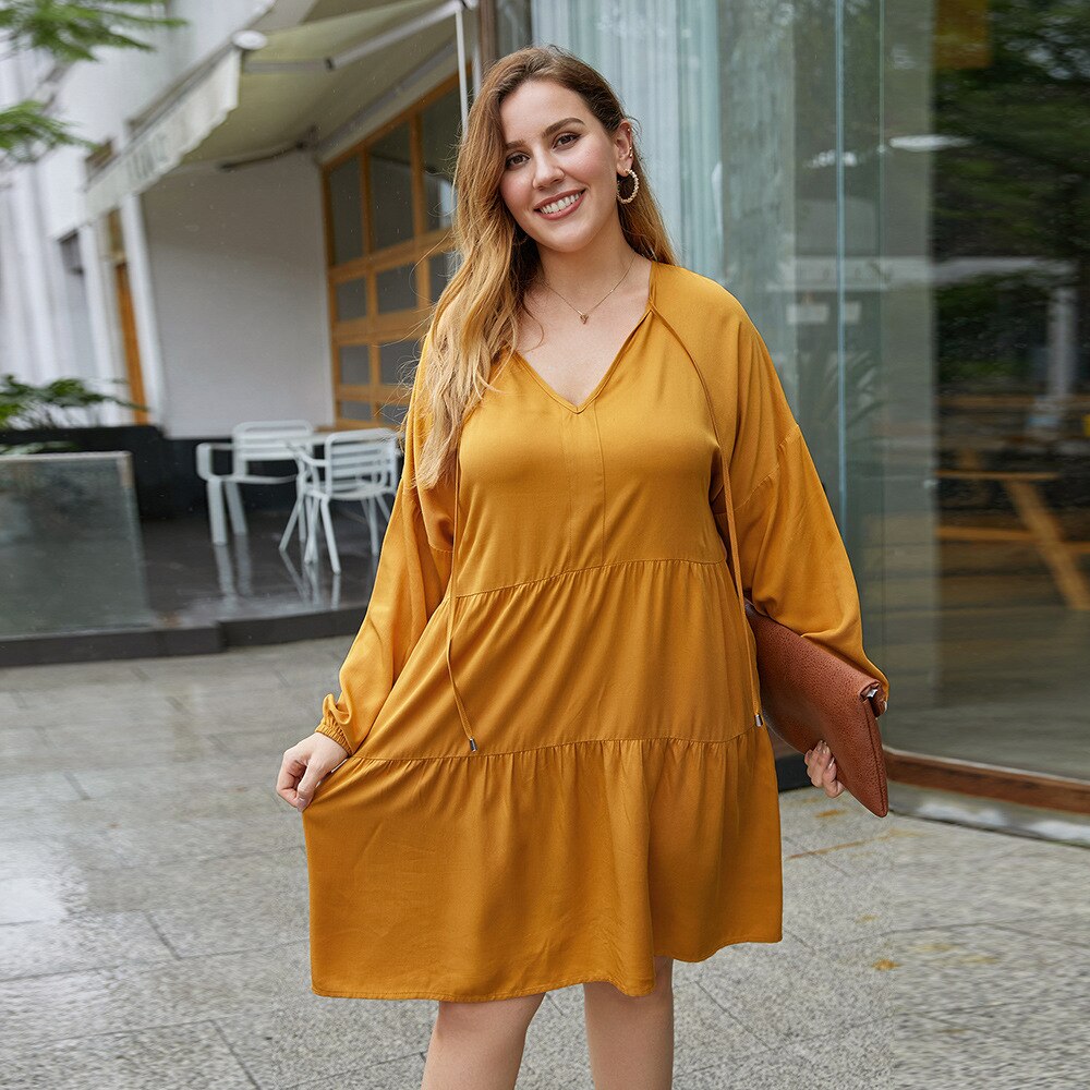Mode Vrouwen Zomer Lange Mouw Jurk Plus Size Vrouwelijke V-hals Ruches Strand Jurk Losse Oversized Midi Jurken