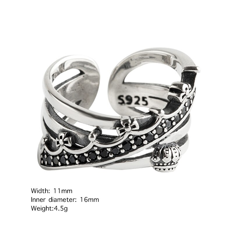 Big Chunky Trendy Crown Thai 925 Sterling Silver Ring For Women Retro Multi-layer Adjustable Stackable Ring Jewelry