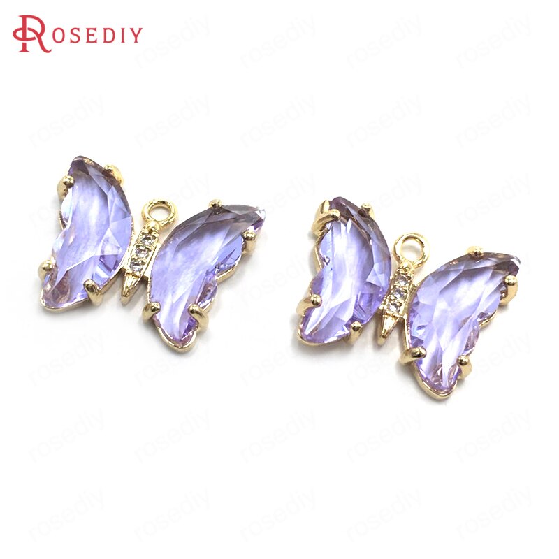 Breloques papillon en laiton, Zircon et verre, 15x20MM 24K, couleur Champagne or, pendentifs, fournitures pour la fabrication de bijoux, résultats de bricolage, 10 pièces: Light Purple
