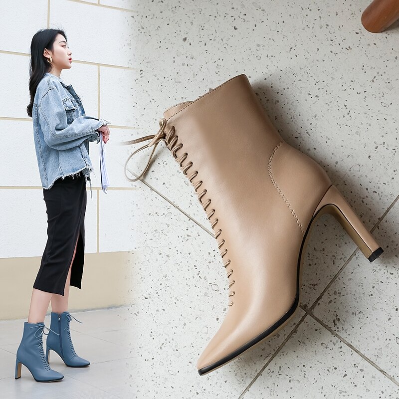 Women Leather Boots High Heels Shoes Winter Lace Up Woman Martin Boots Square Toe Ankle Boots Female Shoes Heels