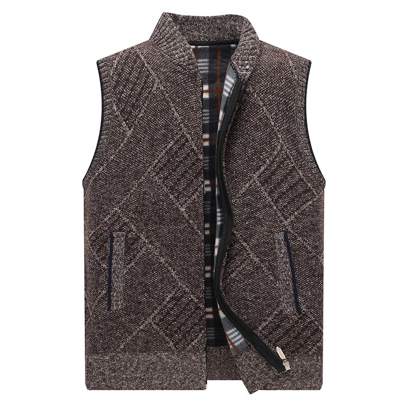 020 høst vinter menn fleece genser vester herre casual strikket cardigan vest herre vindtette ermeløse jakker: Rødbrun / Xxxl