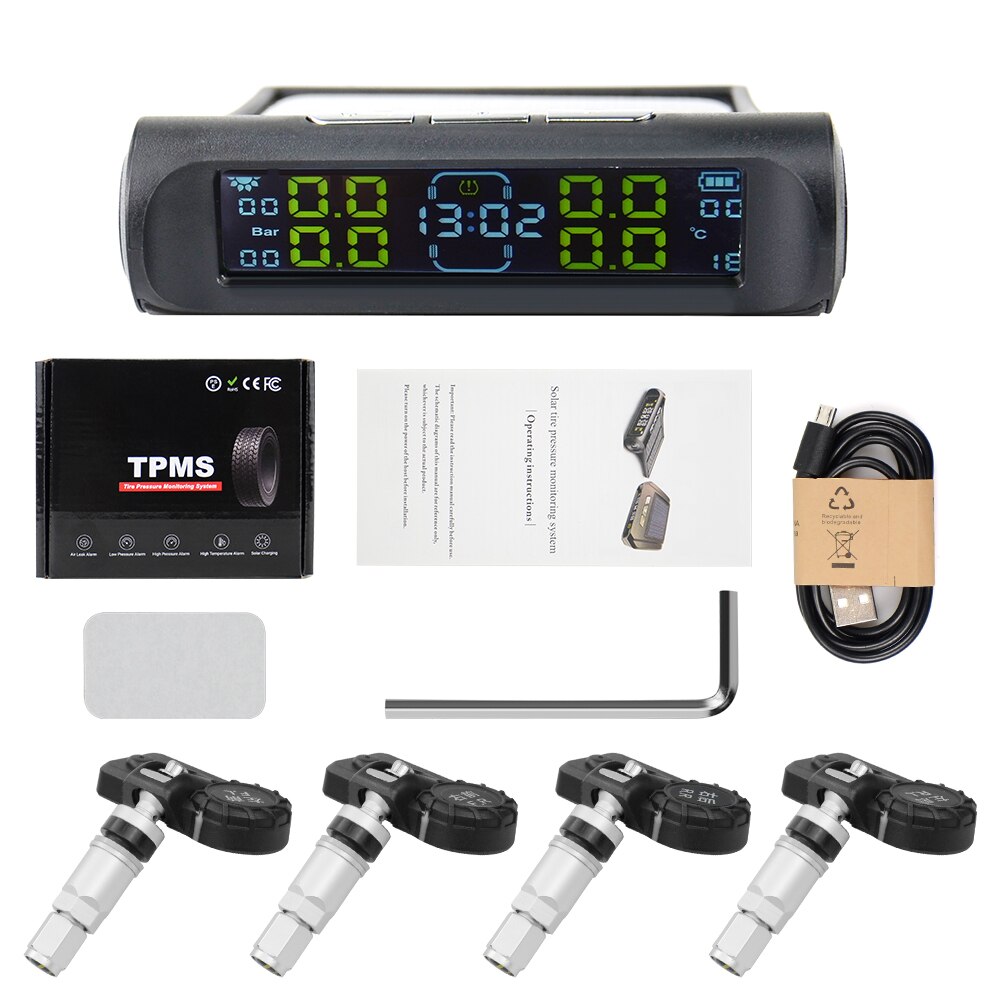 TPMS Wireless Tire Pressure Monitoring System Solar Power Clock LCD Display 4 External/Internal Sensor Tire Pressure Sensors