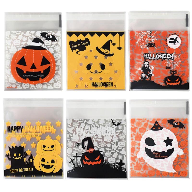 100Pcs 10*10Cm Cartoon Halloween Zakken Cookie Verpakking Zelfklevende Plastic Zakken Voor Koekjes Snoep pakket