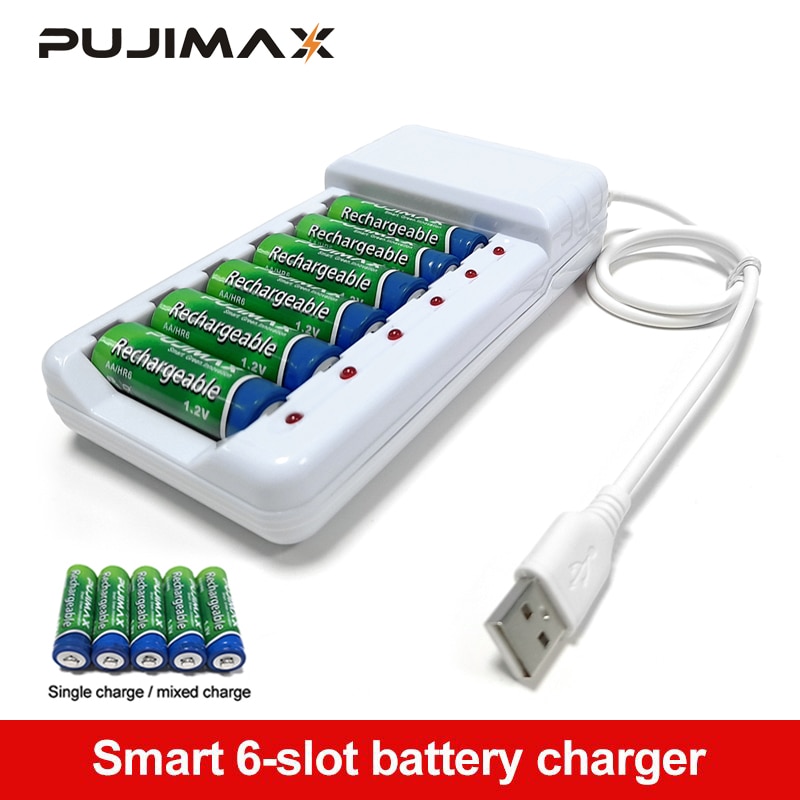 PUJIMAX 6 Slots Fast Charging Battery Charger USB cable Overcharge Protection AA/ AAA Rechargeable Battery Station