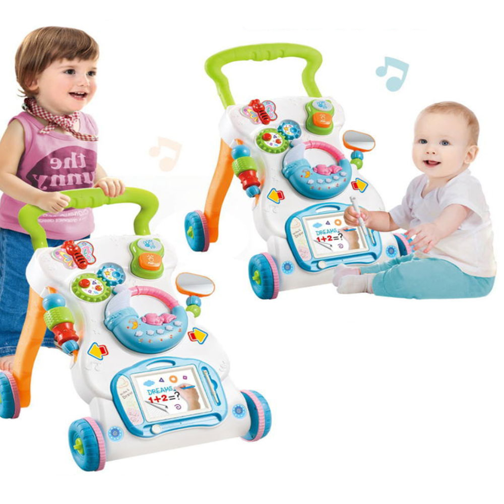 Multifunktions baby walker toddler trolley sit-to-stand abs musikalske rollator med justerbar højde anti-rollover for at lære at gå