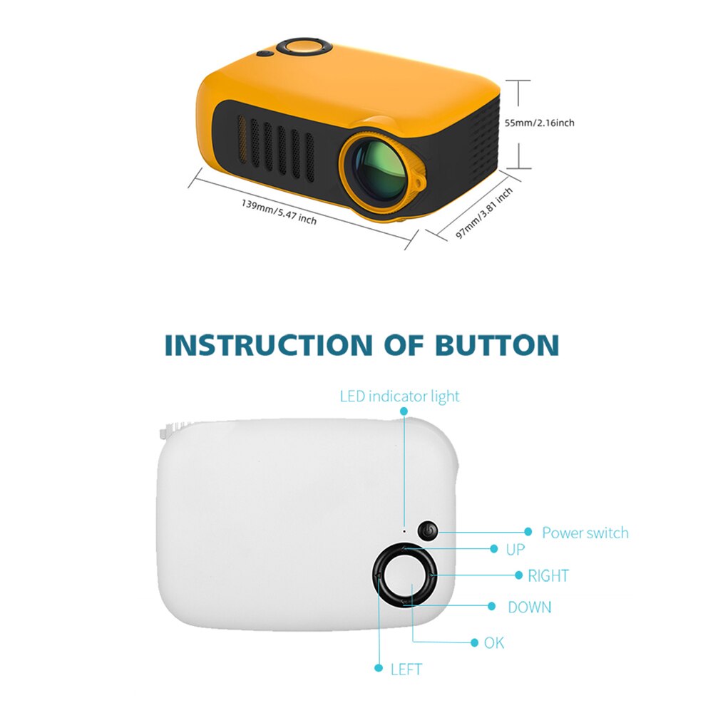 A2000 Mini Draagbare Projector 800 Lumen Eye-Verzorgende 1080P Lcd 50,000 Uur Levensduur Lamp Home Theater Video Projector