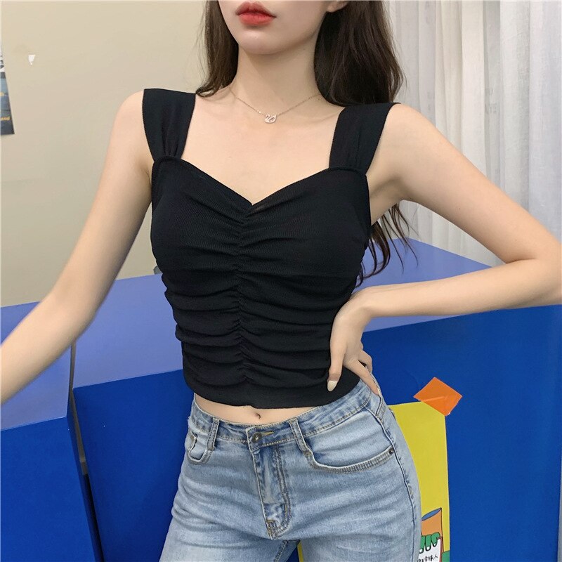 Magliette E Camicette per le Ragazze Vestiti di Estate Top Sottile Pieghettato Canotta Senza Maniche Camicia di Lavoro A Maglia di Cotone di Un Solido di formato: Black