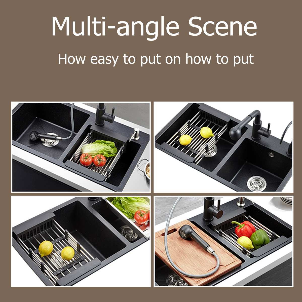 Stainless Steel Adjustable Telescopic Kitchen Over Sink Dish Drying Rack Insert Storage Organizer Fruit Vegetable Tray Drainer