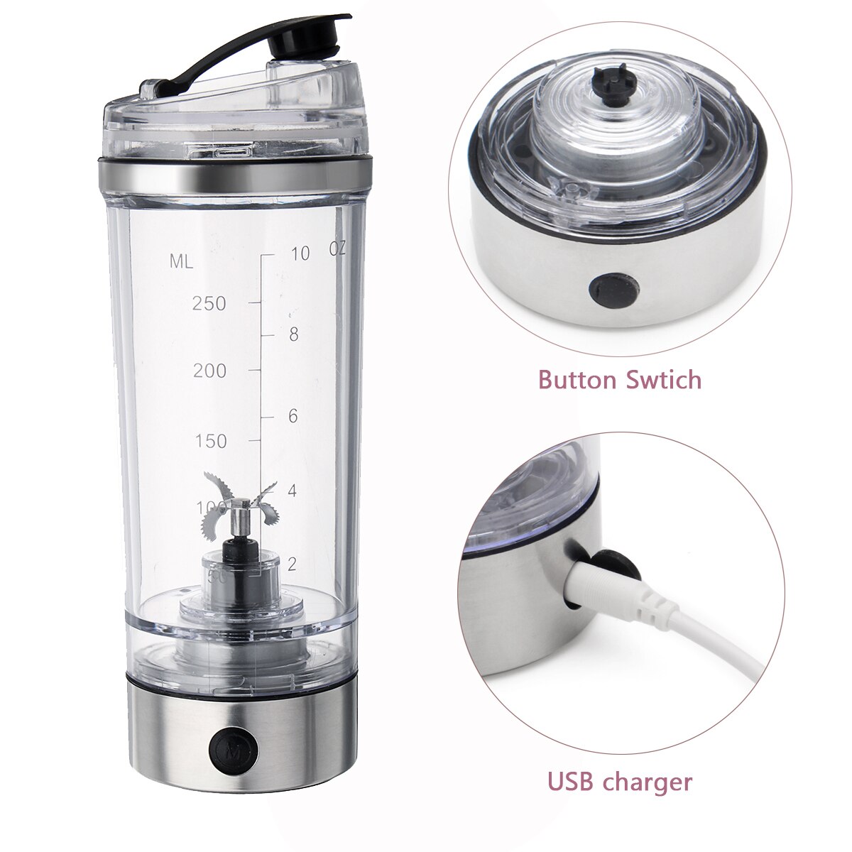 250ML Portable USB Sports Mixing Water Bottle Vortex Tornado PP Free Kitchen Stirring Electric Automatic Protein Vibrator Cup