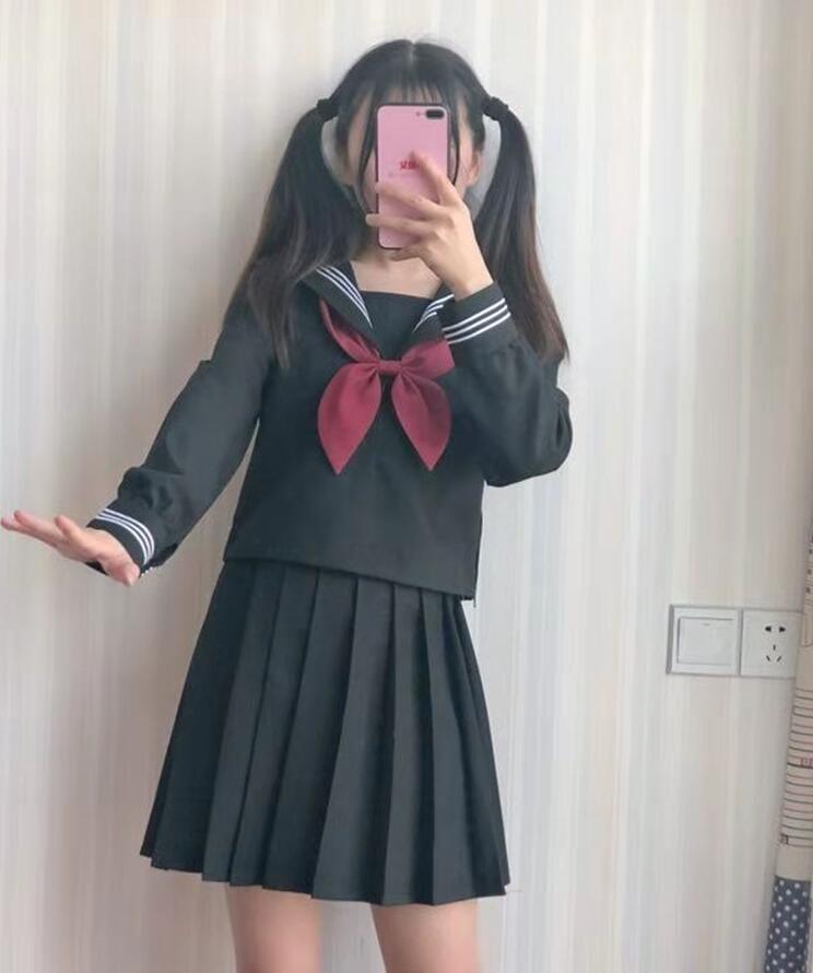 TR Giapponese JK impostato Uniforme Scolastica Delle Ragazze NERO BIANCO 3 LINEA Ad Alta Scuola Delle Donne Della Novità Vestiti Alla Marinara yankee ragazza uniforme JKL028: pesce BOW impostato / L