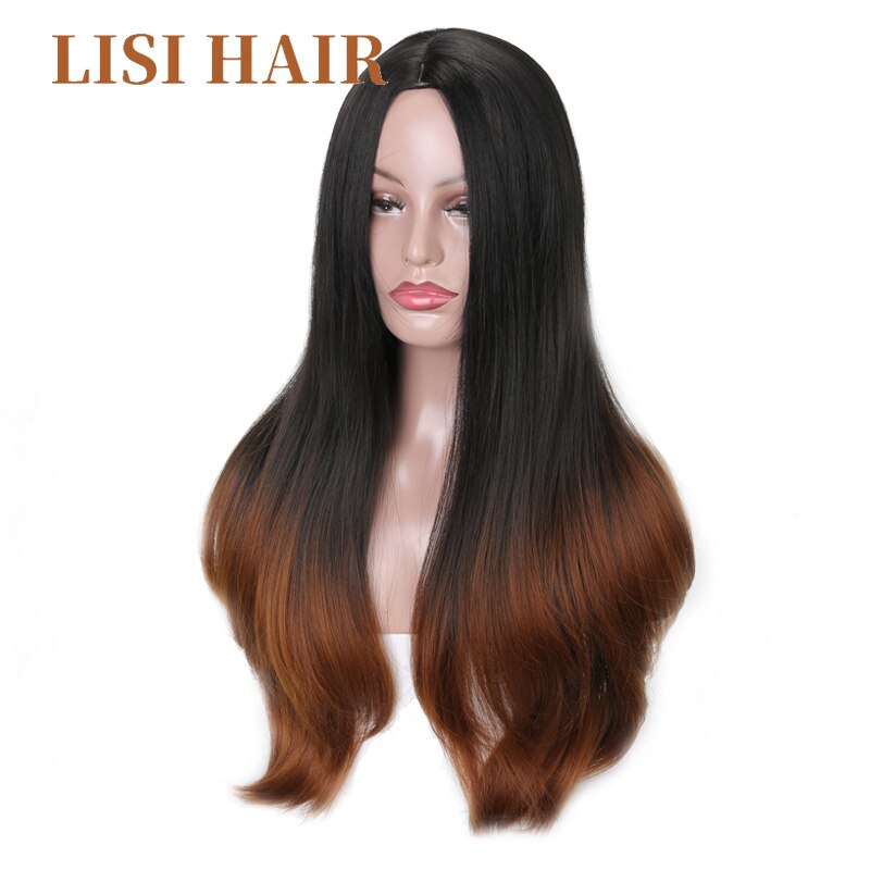 LISI Pelo Largo liso negro degradado marrón gris pelucas púrpuras para mujeres tamaño medio pelo sintético fibra de alta temperatura