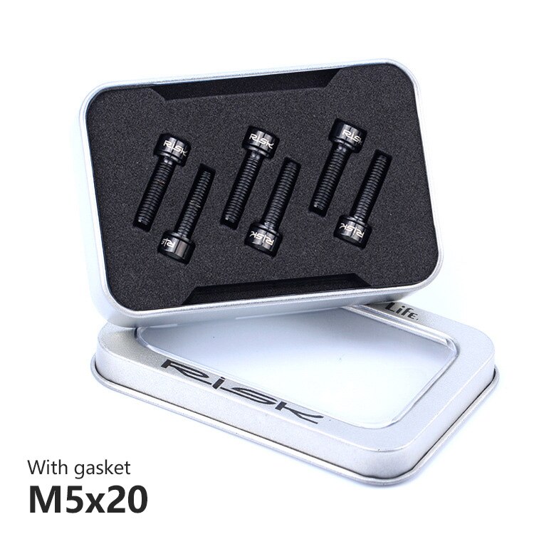 RISK-Tornillos para eje para ciclismo, accesorios de titanio/M5x20mm con arandela, para eje de dirección de bicicleta de montaña, ultraligeros, 6 uds.: M5x20 Black Washer