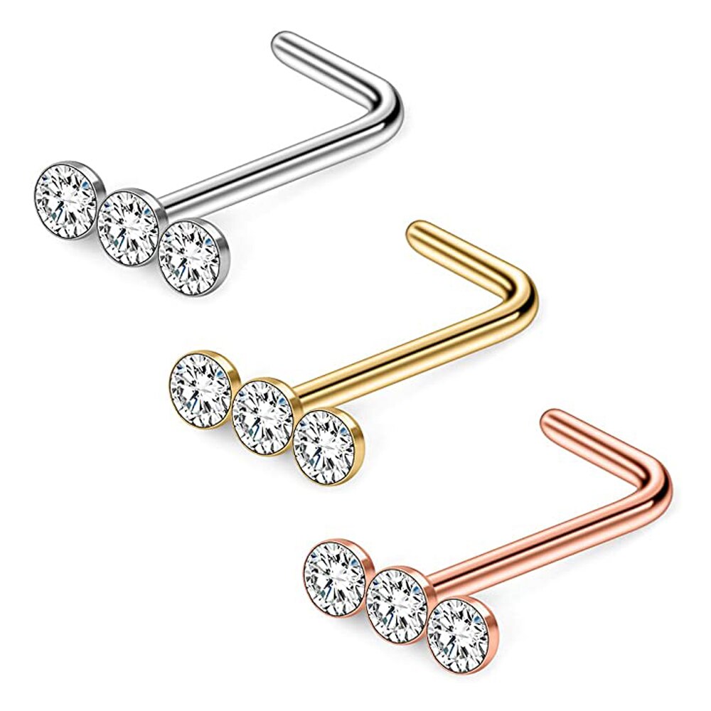 Piercing de acero quirúrgico, 3 piezas, 20G, Bola de Gema lineal Triple, Diamante redondo, CZ, para nariz, joyería en forma de L: 3PCS Set A