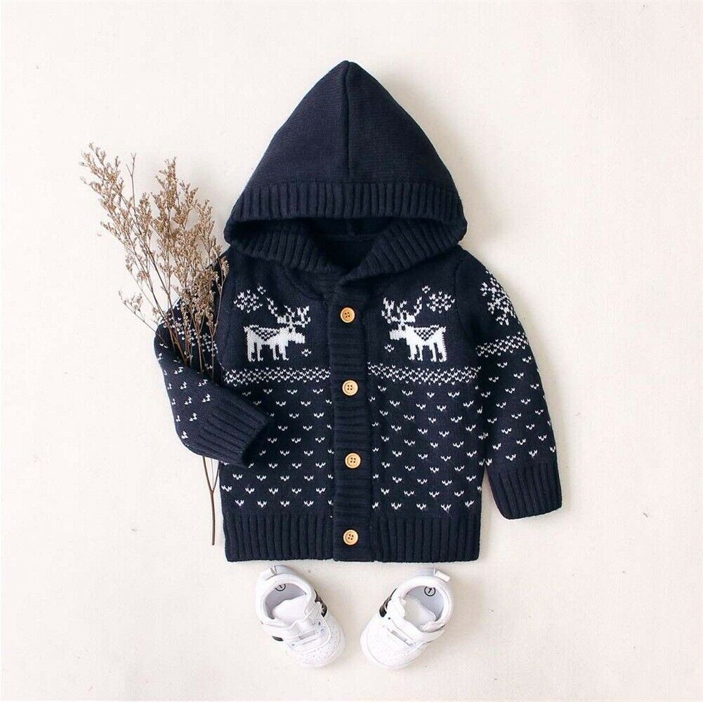 Christmas Xmas Knitted Coat Baby Girls Boys Coat Hooded Jacket Cardigan Christmas Deer Outwear 0-18 months