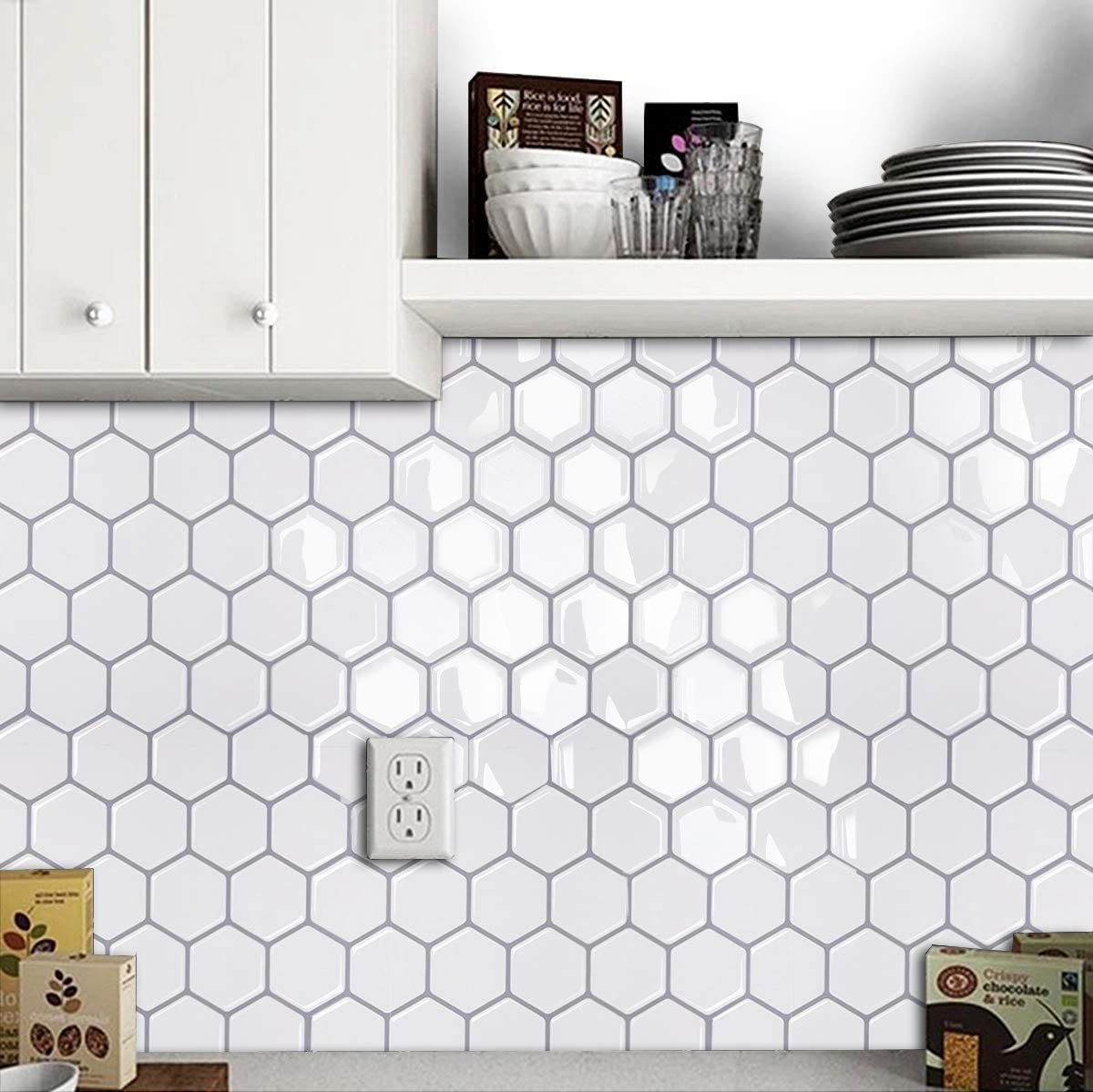 Hexagon White Vinyl Sticker Self Adhesive Wallpaper 3D Coating &amp; Sticker Backsplash Kitchen Bathroom Wall Square Tiles-1 Sheet