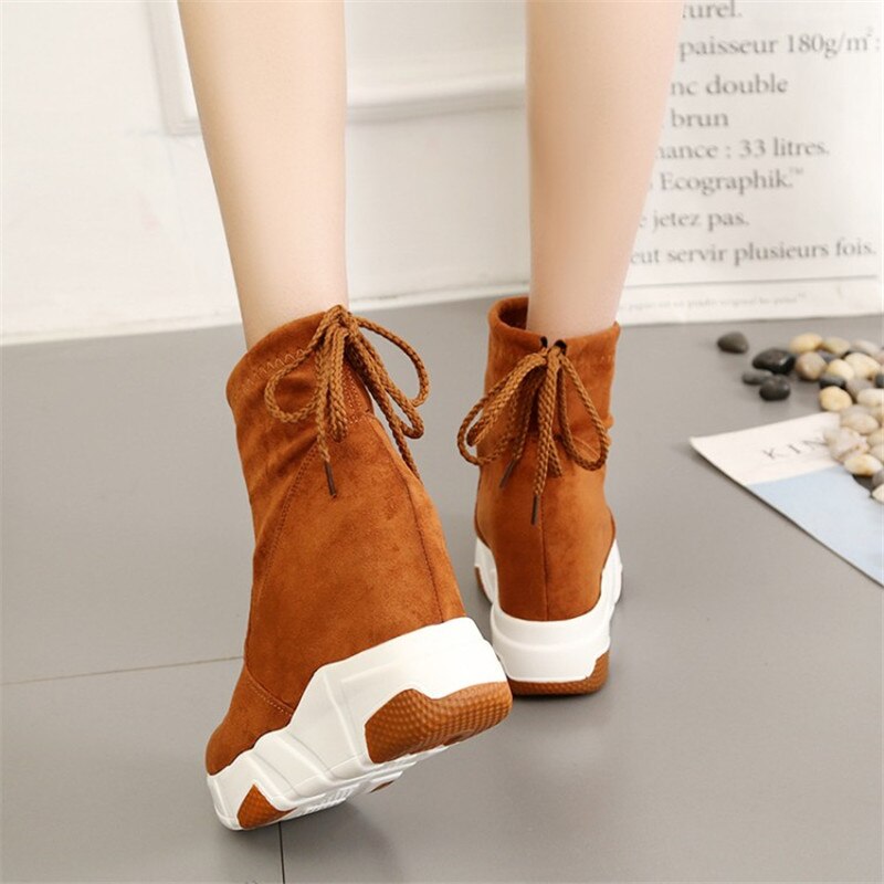 Cootelili Vrouwen Enkellaarsjes Platforms Schoenen Vrouw Hoge Hakken Binnen Hoogte Toenemende Faux Suede Laarzen Lace Up Sneakers 35-39