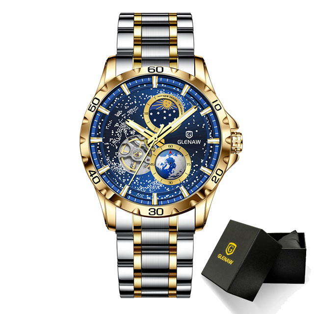 GLENAW Rotierende Erde Doppel Sekundenzeiger Armbanduhr Männer Automatische Mechanische Uhr Sternenhimmel Edelstahl Leder Armband: Kaffee