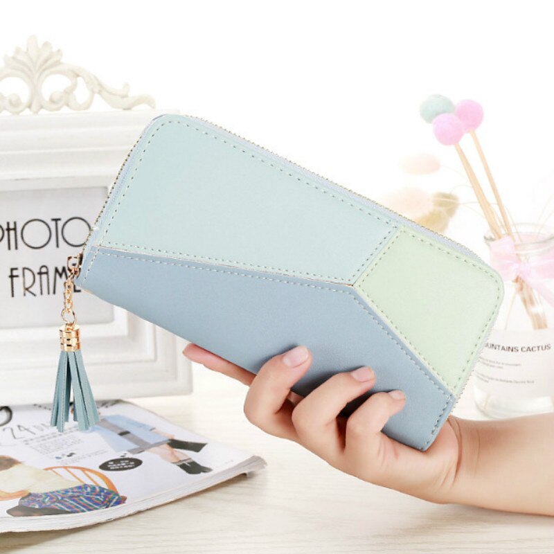 Women Wallets Long Color Contrast Clutch Bag Large Capacity Zipper Wallet Mobile Phone Bag Standard Wallets PU