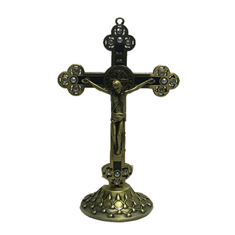 Cross Ornament Christus Katholieke Cross Staan/Muur Opknoping Beeldje Voor Home Auto Kerk Desktop Decoratie 2022: bronze