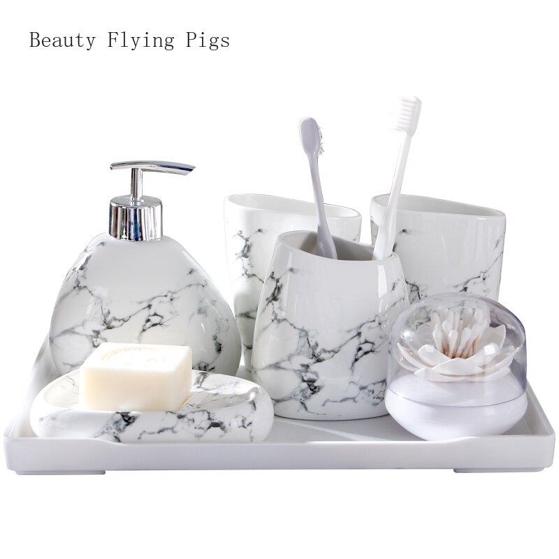 Marmer patroon bruiloft badkamer accessoires 5 delige set badkamer set zeepdispenser/tandenborstelhouder/cup/zeepbakje bad
