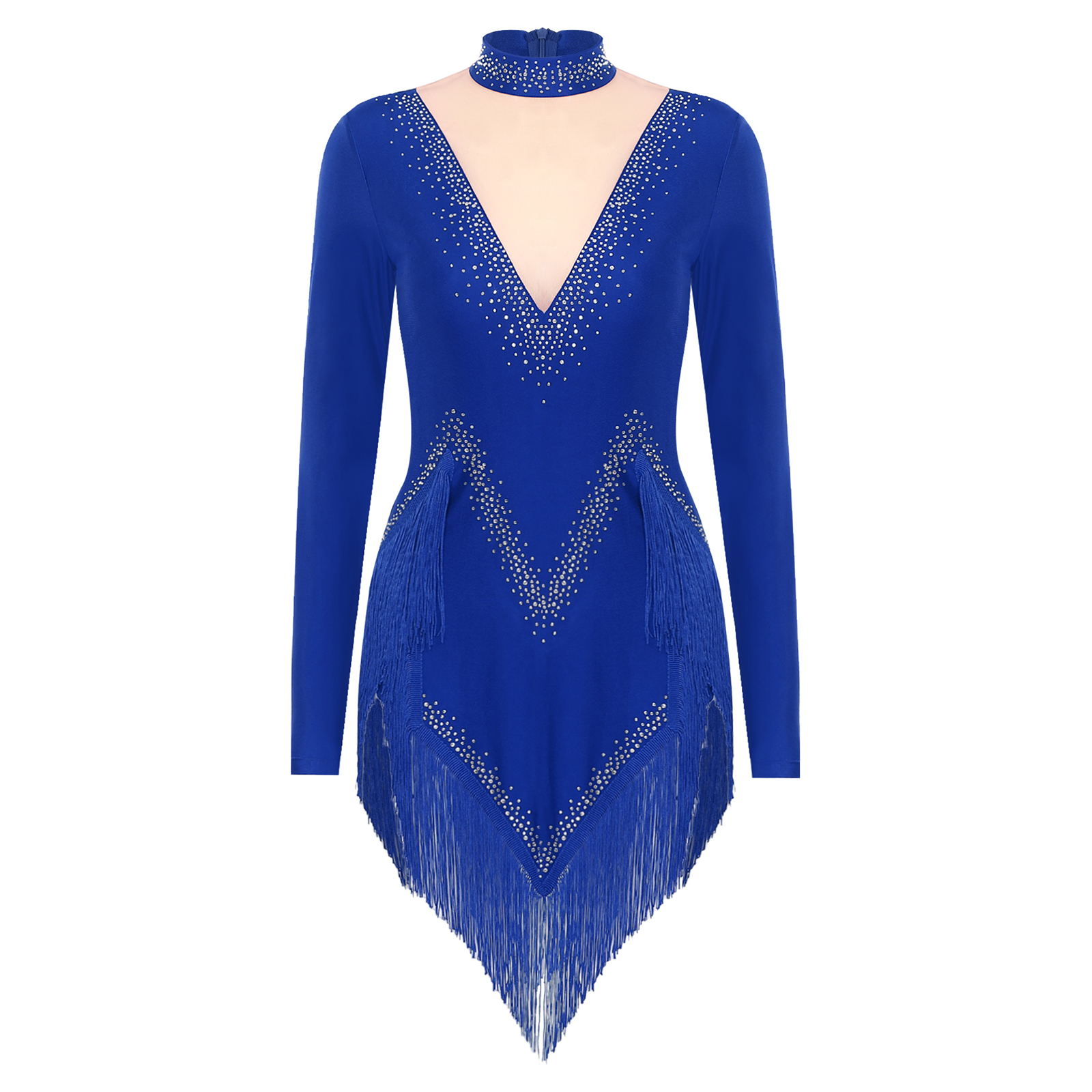 Body de danse latine à franges pour femmes, robe justaucorps à manches longues, vêtements de danse Samba Cha Tango, Costume de spectacle sur scène: XXL / Black