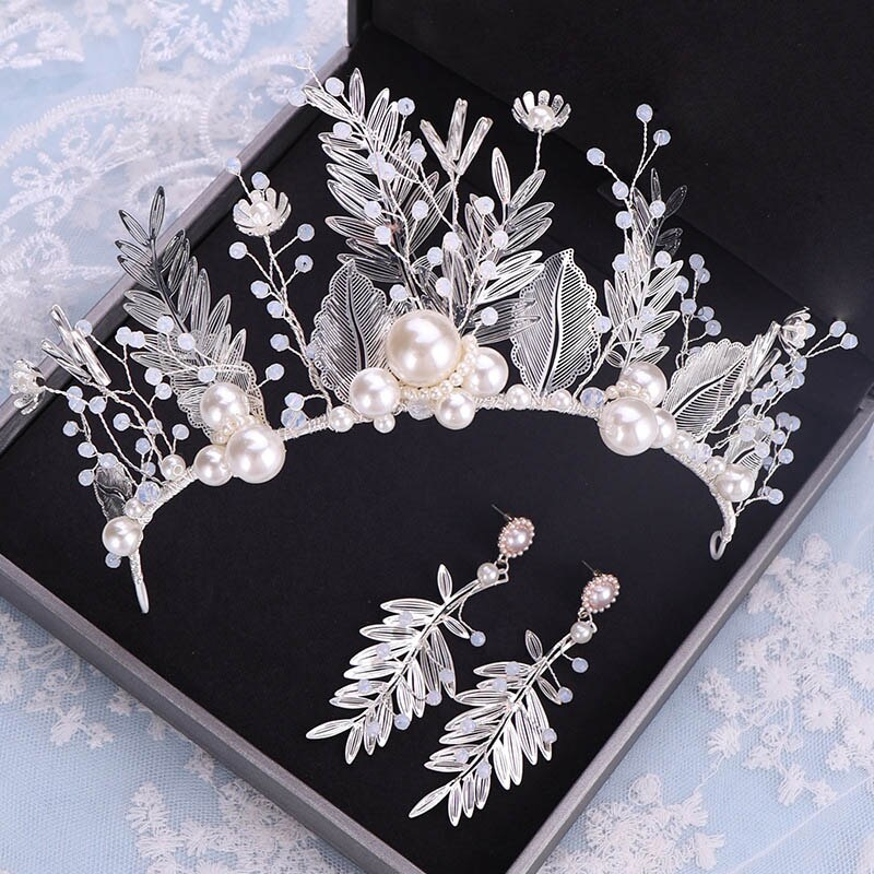 FORSEVEN Silver Color Pearl Flower Leaf Crystal Tiara Crown Earrings Jewelrys Set Headpiece Bride Noiva Wedding Hair Accessories: Default Title