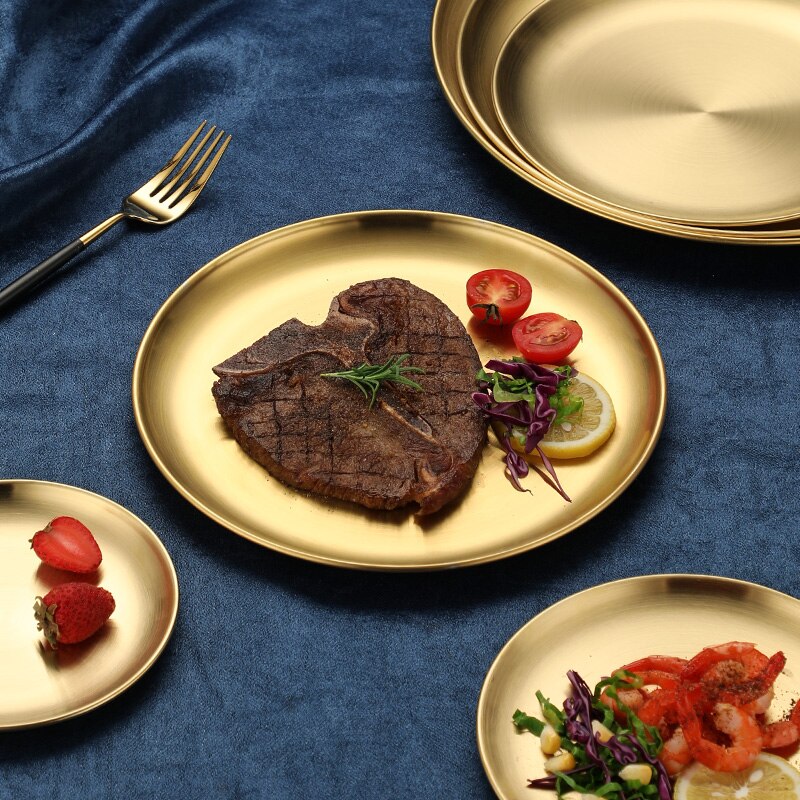 European Style Serving Dishes Serving Platter Cake Dessert Tray Dinner Plates Golden Round Dining Plate Western Steak Plate