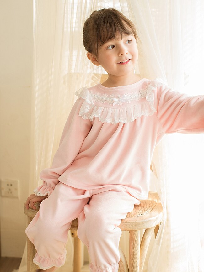 Efterår vinter børn pige lolita lyserød fløjl pyjamasæt. plade toppe + bukser. vintage småbørn kid pyjamas sæt. varm søvn loungewear
