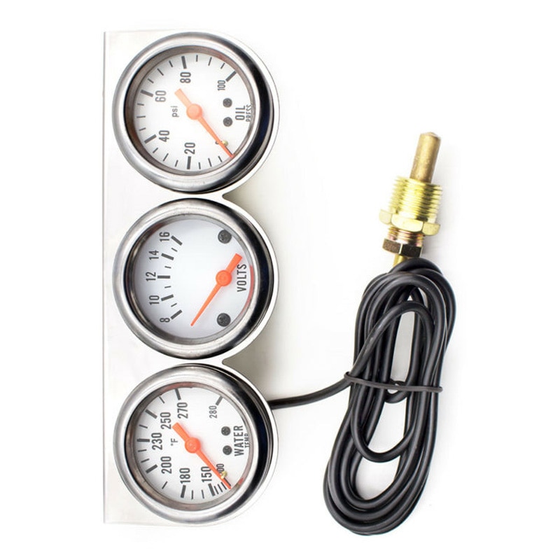 Chrome Auto Triple Gauge Set Kit AMP Meter Water Temp Oliedruk 3 In1
