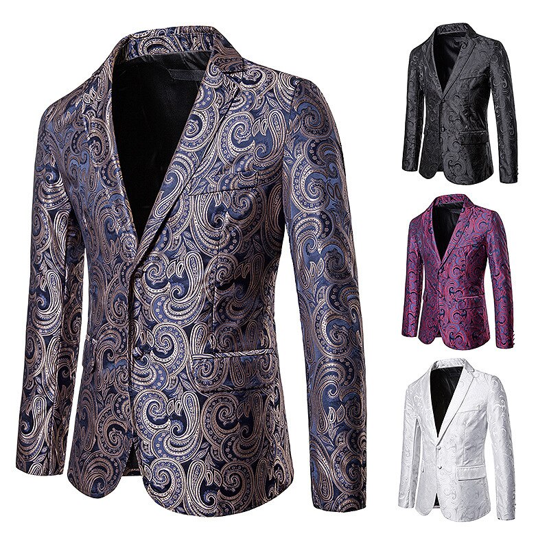 Siteweie herfst winter heren pak casual slank bloemen blazer heren bruiloft feest jas zakelijk vrijetijdskleding jassen  l523: Goudblauw / Xl