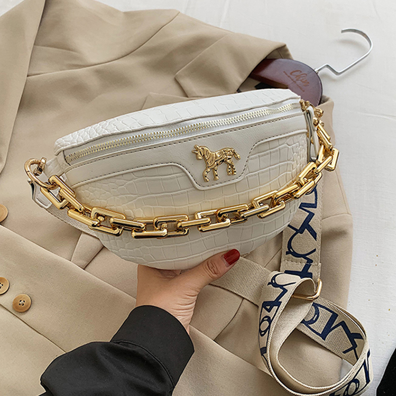Bolso pequeño de piel sintética para mujer, bolsa de pecho a la , con cadena y cinturón de viaje,: upgrade white