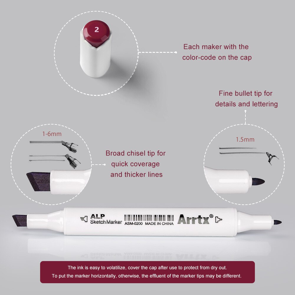 Arrtx ALP Art Marker Pen 24 Red Colors Art Markers Double-Tip Sketch Markers Alcohol Based Ink Tones Art Supplies