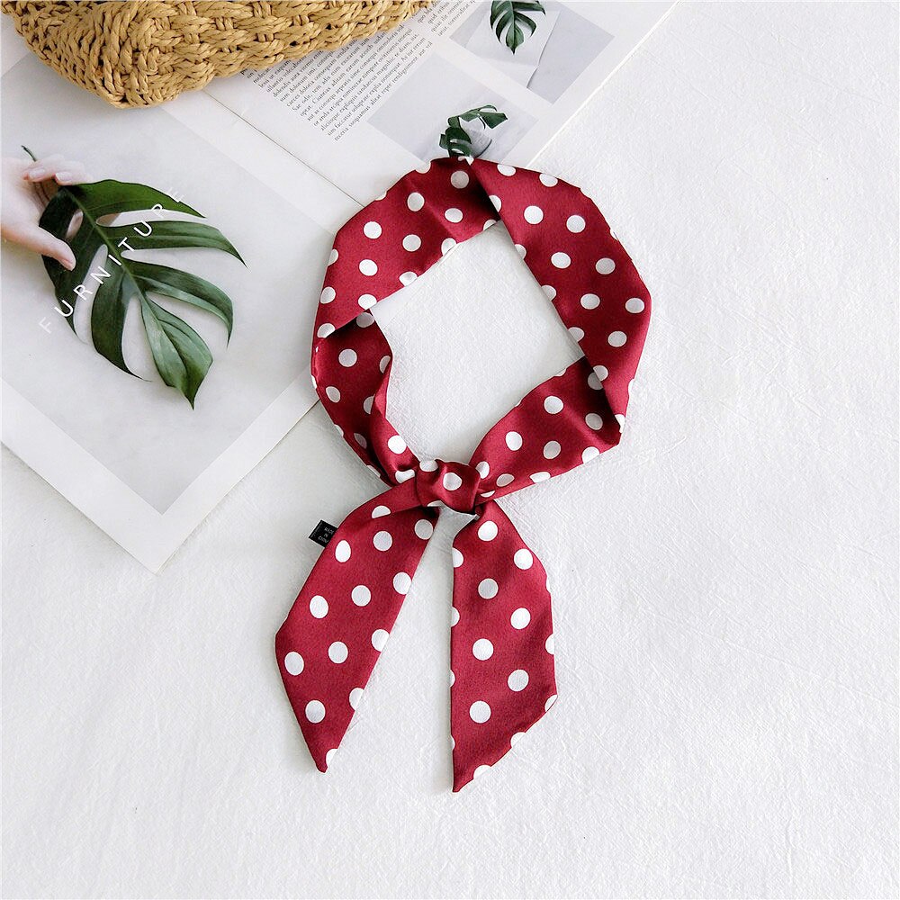 Spring Summer Women's Polka Dot Printed Silk Stain Hair Ribbon Tie Scarf Female Black White Green Yellow Bag Scarves: Red
