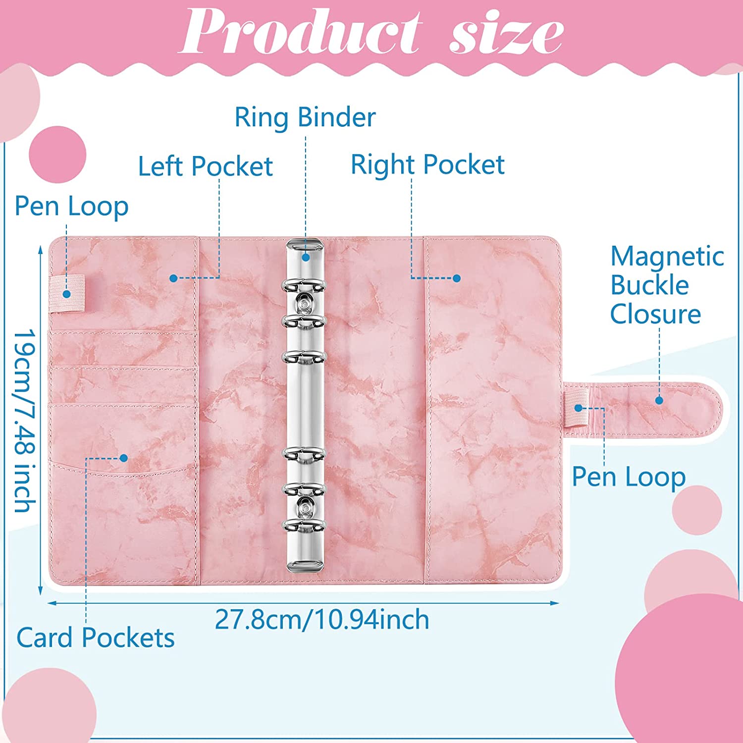 A6 PU Leather Notebook Binder Marble Refillable Binder Cover 6 Ring Loose Leaf Budget Planner Binder Cover with Magnetic Buckle