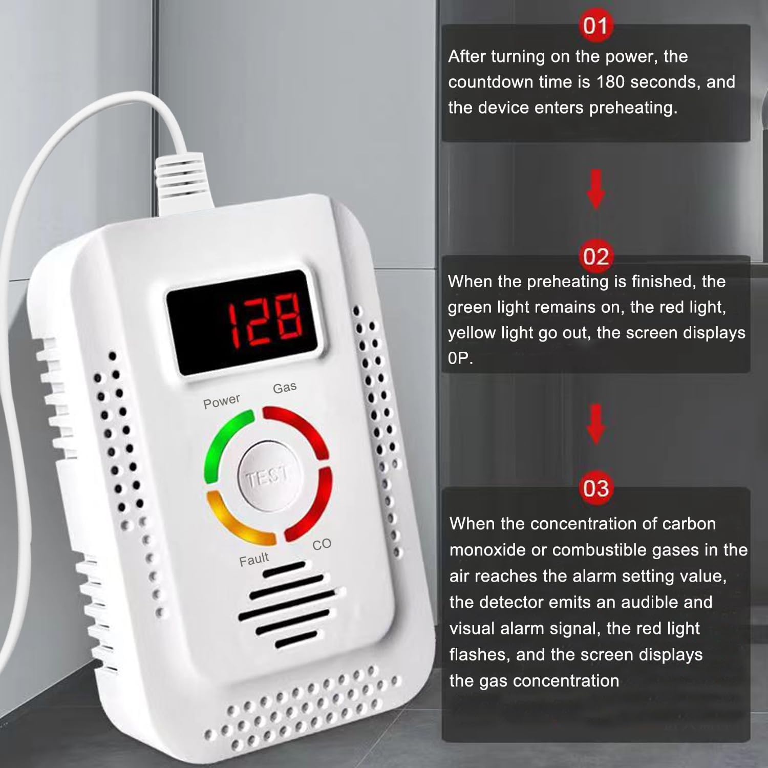 Détecteur de Gaz Naturel et de Monoxyde de Carbone, Détecteur de Fuite de Gaz Combusemballages, Moniteur pour Gaz, Co, Méthane (CH4) dans la Cuisine