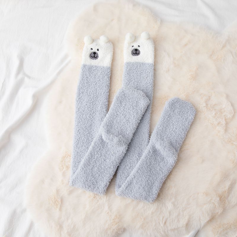 Winter Soft Coral Fleece Women Thigh High Socks Cute Cartoon Animals Panda Cat Bear Over Knee High Ladies Girls Long Socks Home: style 1 gray